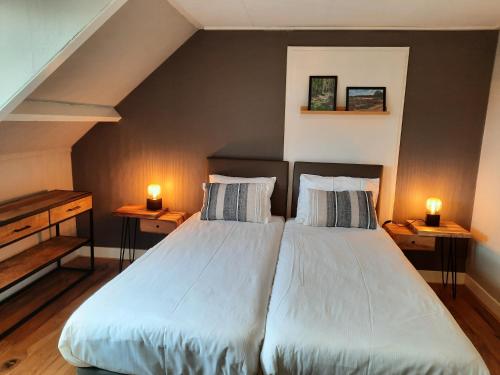 2 Betten in einem Zimmer mit zwei nebeneinander liegenden Lampen in der Unterkunft B & B Ayo in Wapserveen