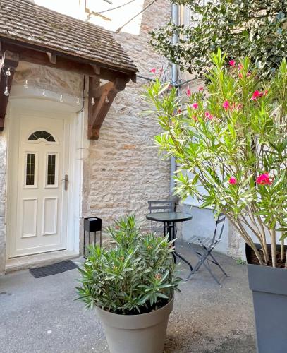 una puerta blanca, una mesa y algunas plantas en Charmant studio au coeur du centre ville, en Chagny