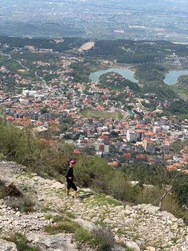 a person standing on top of a hill overlooking a city at Villa Celaj “The Castle” in Krujë