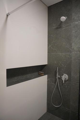 a bathroom with a shower with a shower head at Mandrati Loft in Sarpi