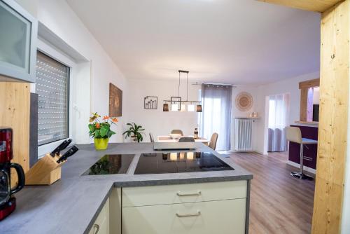 a kitchen with a large island in the middle at Ferienwohnungen Hopfen und Malz in Fichtelberg