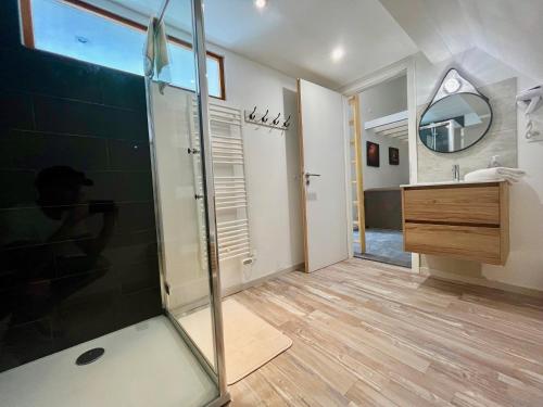 een badkamer met een douche en een wastafel bij Choupette de la vallée avec garage in Kaysersberg