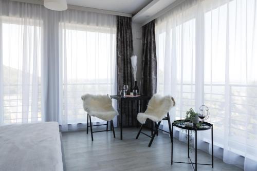 a living room with two chairs and a table and windows at Horizont Dedine in Golubac