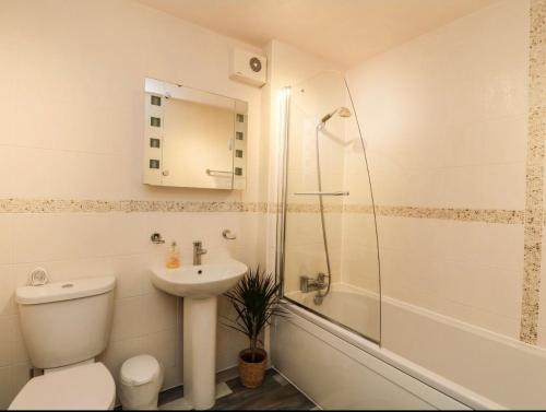 a bathroom with a toilet and a sink and a shower at SCOTTISH HIGHLANDS Superb 2 bedroom apartment. in Invergarry