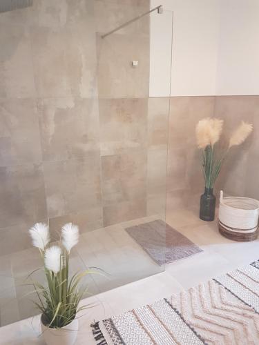 a shower with a glass door and flowers in a bathroom at Oase am Nationalpark in Kargow