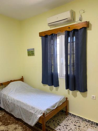 a bedroom with a bed and a window with blue curtains at The Condo Palace in Agia Marina in Agia Marina