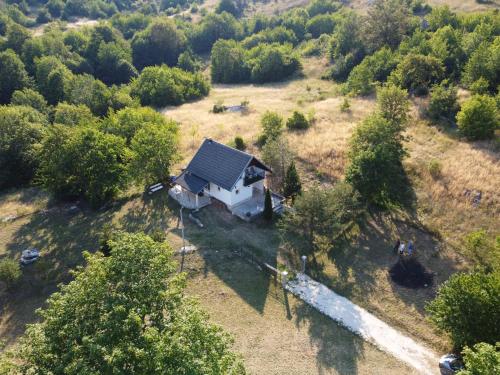 een luchtzicht op een huis op een heuvel met bomen bij Planinska kuća za odmor Perić in Prozor