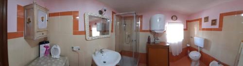 een badkamer met een wastafel, een douche en een toilet bij Jolie Petite Maison in Campolattaro