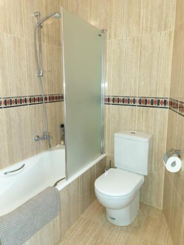 a bathroom with a toilet and a tub and a shower at Casa de los sueños in Cadiñanos