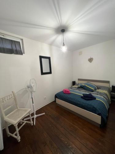 1 dormitorio con 1 cama, 1 silla y ventilador en Chez Ben et Maé, en Rouffach