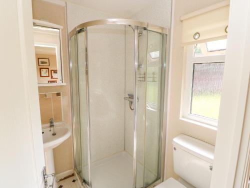 a bathroom with a shower and a toilet and a sink at 6 Badgers Retreat in Richmond