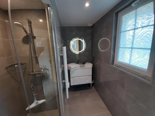 a bathroom with a shower and a sink and a mirror at La Hulotière in Saint-Pierre-du-Val