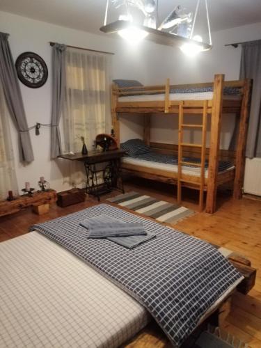 Zimmer mit 2 Etagenbetten und einem Tisch in der Unterkunft Chostello Ecomis Rustik in Sibiu