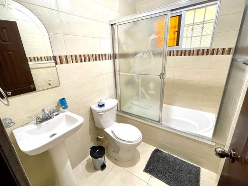 een badkamer met een douche, een toilet en een wastafel bij Oasis de paz in Jarabacoa