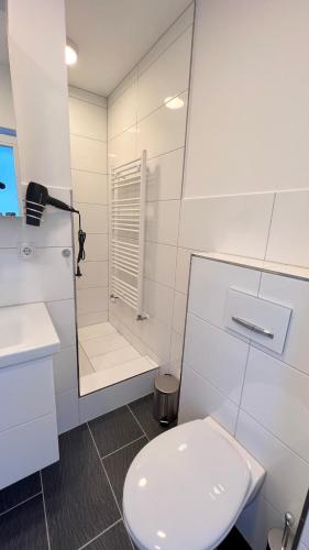 a white bathroom with a toilet and a shower at My Apartment im Bremer Viertel in Bremen