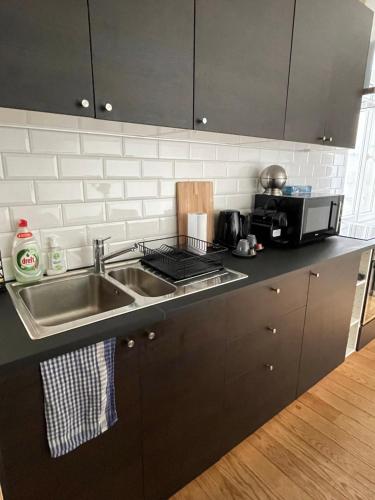 eine Küche mit einer Spüle und einer Mikrowelle in der Unterkunft Bohemian 2BDR apartment Antwerp Center in Antwerpen