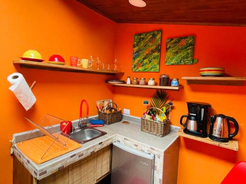 a kitchen with orange walls and a sink at El Sol Monteverde in Monteverde Costa Rica
