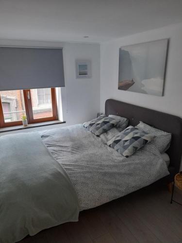 Un dormitorio con una cama grande con almohadas. en Gîte En Li Esse, en Huy