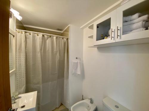 een witte badkamer met een wastafel en een toilet bij AIRES DEL SUR in Ushuaia