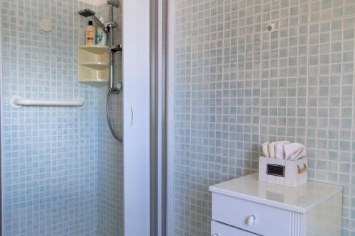 a blue tiled bathroom with a toilet and a shower at Casa Raffaela in Modica