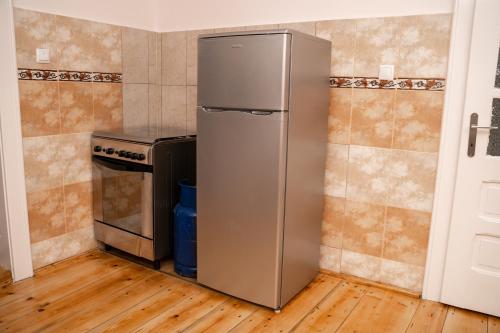 a stainless steel refrigerator in a kitchen next to a stove at Apartament Panoramic la casa in comuna Rasinari in Răşinari