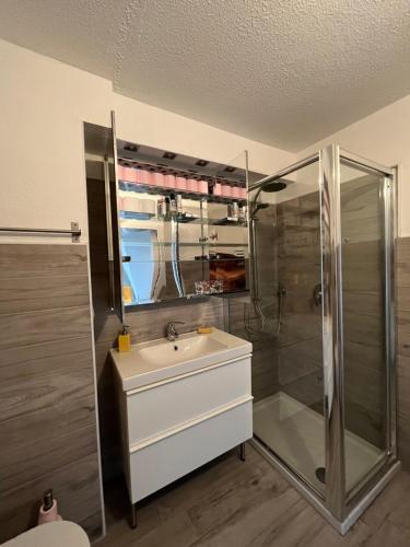 une salle de bain avec un lavabo et une douche dans l'établissement Appartement avec vue mer et piscine, à Théoule-sur-Mer