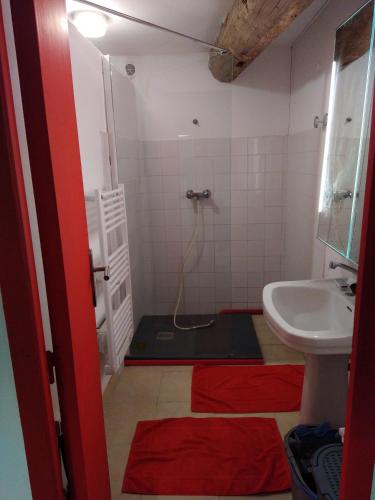 une salle de bain avec un lavabo, des toilettes et une douche dans l'établissement Maisonette individuelle a roquefeuil dans les Pyrénées audoises, à Roquefeuil