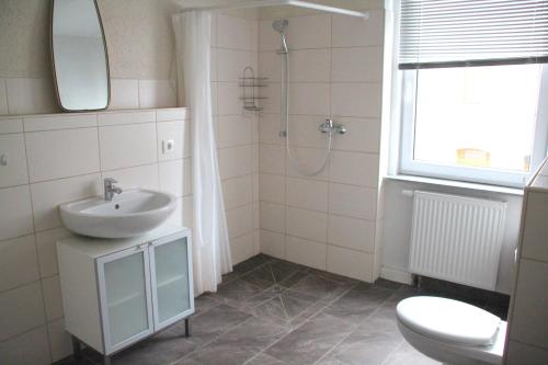 ein weißes Bad mit einem Waschbecken und einer Dusche in der Unterkunft Ferienwohnung Philippstraße 35 in Meerane