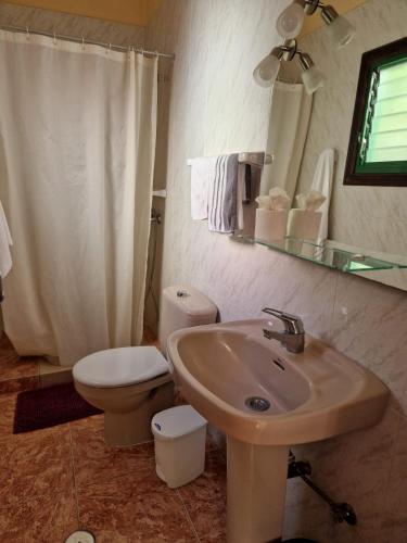 a bathroom with a sink and a toilet and a mirror at Casa Cira in Calera