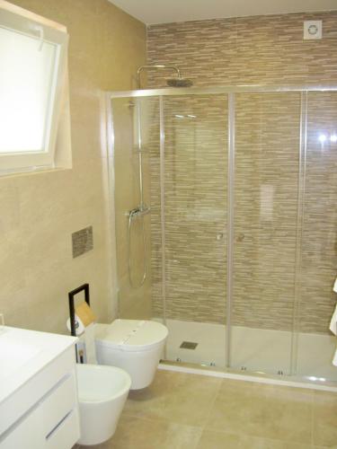 a bathroom with a glass shower and a toilet at Casas nas Hortas in Erada