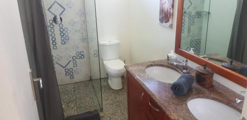 bagno con servizi igienici, lavandino e specchio di Ocean Rush a Zinkwazi Beach