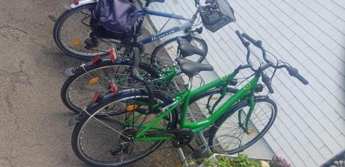 two bikes are parked next to a wall at Lake Getaway Apartment with Private entrance, right on the Lake Constance cycle path, barbecue area, free wifi, Netflix and free bikes in Salmsach