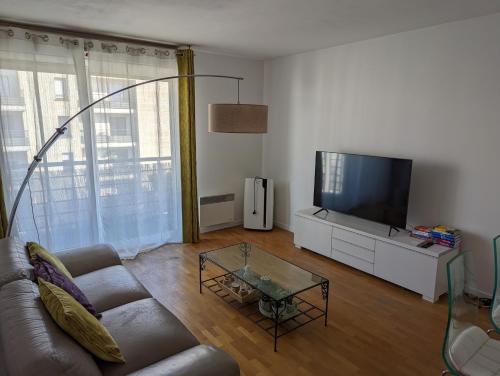 een woonkamer met een bank en een flatscreen-tv bij Appartement lumineux Seine, île St-Germain, proche Porte de Versailles et la Défense in Issy-les-Moulineaux