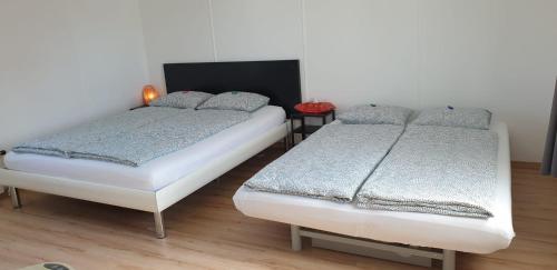 two twin beds in a room with at Lake Getaway Apartment with Private entrance, right on the Lake Constance cycle path, barbecue area, free wifi, Netflix and free bikes in Salmsach