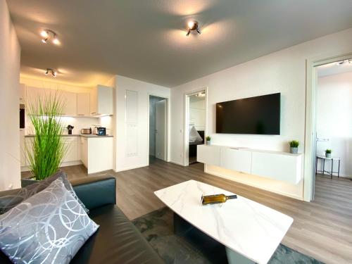 sala de estar con sofá y TV en Auszeit Apartment STYLE am Uferpark - nur 100 m bis zum Bodensee, direkt am Bodenseeradweg, Sonnenbalkon, schnelles WLAN, kostenloser Tiefgaragenstellplatz, für bis zu 2 Personen, en Friedrichshafen