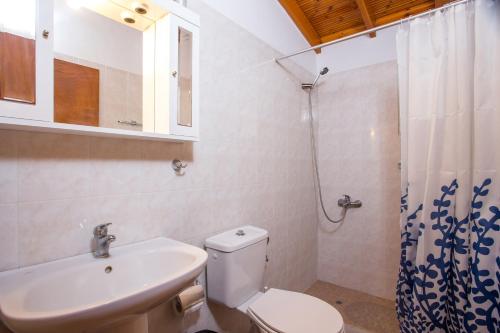 Un baño con inodoro, lavabo y ducha. en Villa Hercules, en Kremasti