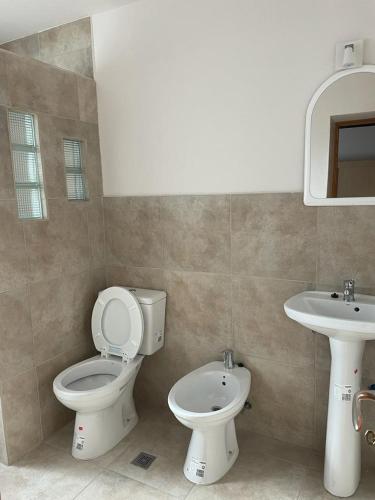 a bathroom with a toilet and a sink at Casa en trevelin in Trevelín