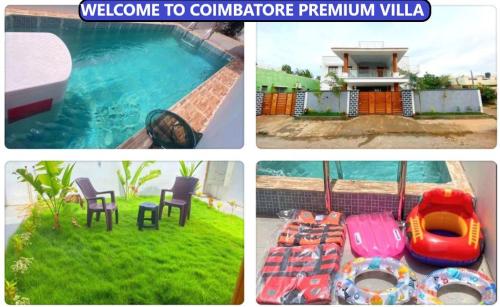 a collage of four pictures of a swimming pool at Coimbatore Premium Private Villa a FAMILY RESORT kids, celebration hall in Coimbatore