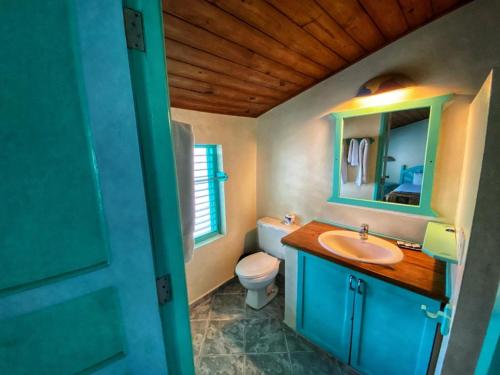 a bathroom with a sink and a toilet and a mirror at Villa 20 in Las Terrenas
