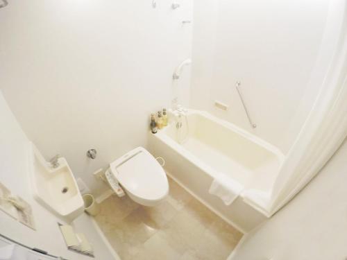 a white bathroom with a toilet and a bath tub at Rockwood Hotel & Spa in Ajigasawa