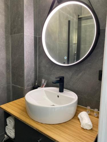 une salle de bain avec un lavabo blanc et un miroir dans l'établissement Reims Blue Sky, à Reims