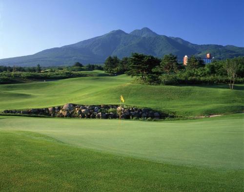 a green golf course with mountains in the background at Rockwood Hotel & Spa in Ajigasawa