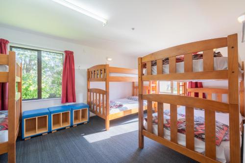 a bedroom with two bunk beds and a window at Te Anau Central Backpackers in Te Anau