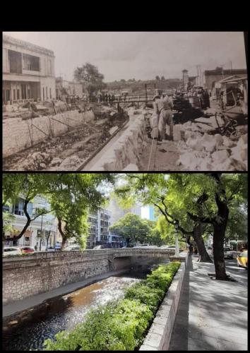 ein schwarz-weißes Foto einer Stadt mit einem Fluss in der Unterkunft Santa Rosa in Cordoba