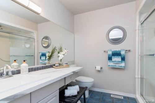 a bathroom with a sink and a toilet and a mirror at Luxe Oasis Retreat: LG Grp, Pool, BBQ, 4BR, AC! in Winnipeg