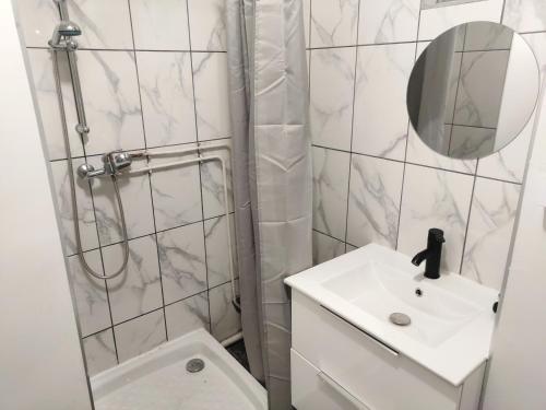 a bathroom with a shower and a sink and a mirror at 36 Dajot Studio Apartment - 25 in Melun