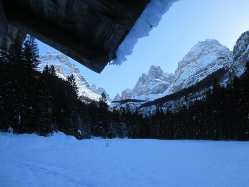 a view from under a bridge in a snow covered mountain at Maso Pin in Madonna di Campiglio
