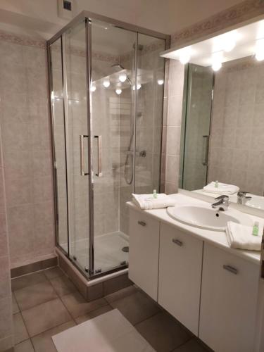 een badkamer met een douche en een wastafel bij Georges, un appartement au look chic rustique in Saint-Georges-sur-Baulche