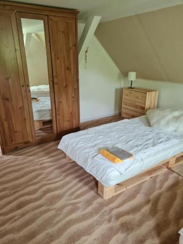 a bedroom with a bed and a large mirror at Haus Steindöbra in Klingenthal