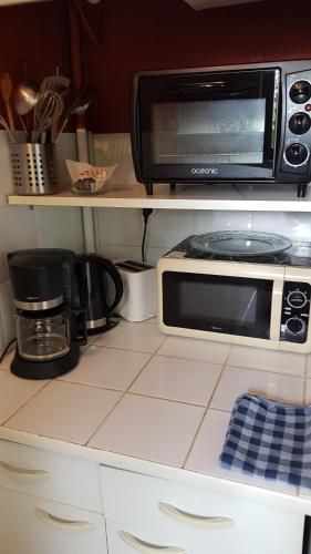 un four micro-ondes installé au-dessus d'un comptoir de cuisine dans l'établissement GITE LE PARC A SARLAT Parking privé, à Sarlat-la-Canéda